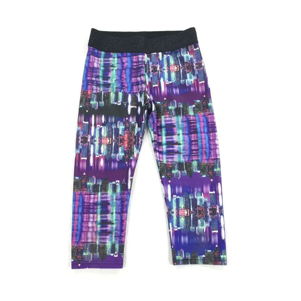 Justice For Girls City Skyline Cropped Leggings Size 16 Purple Blue Stretch XL